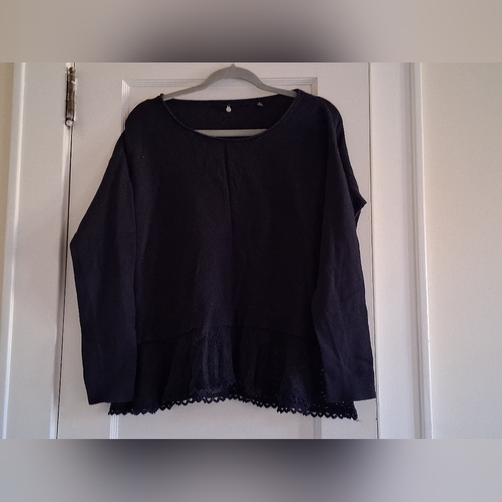 Dark Blue Lace Hem Sweater